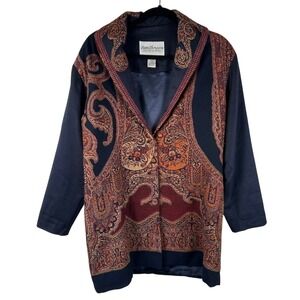 VTG Norm Thompson Jacket Women S Navy Paisley‎ Wool Blend Coat Artsy Tapestry